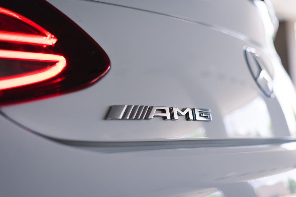 Close up of the AMG logo on a C63S.
