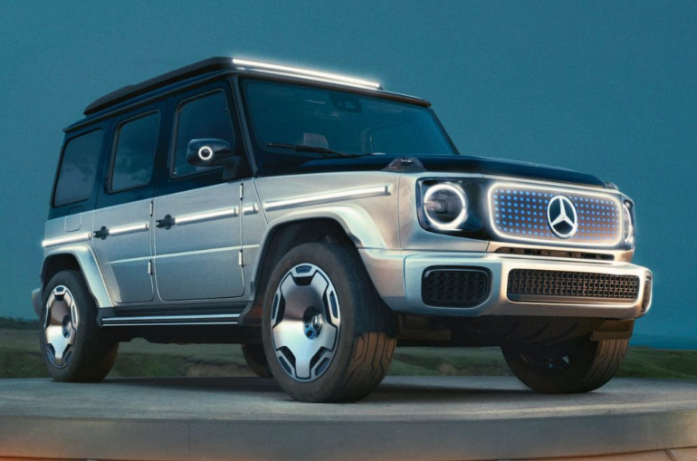 angled view of Mercedes Benz electric g-wagon