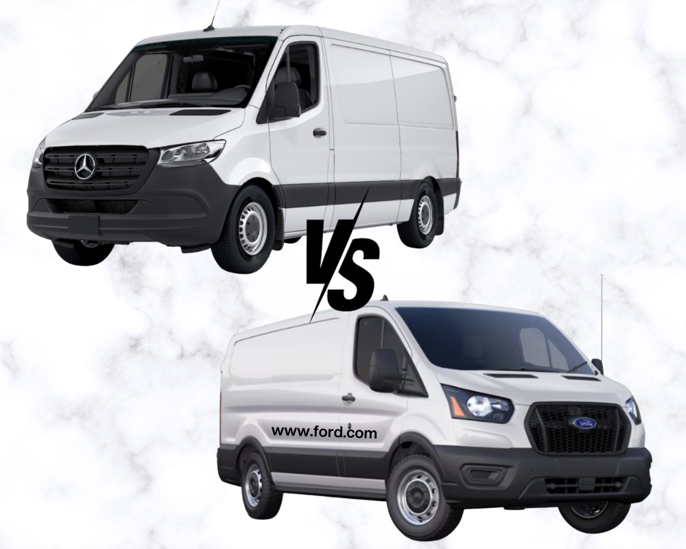 Graphic advertising Mercedes Benz Sprinter van vs the Ford Transit Cargo van. Both vans are white.