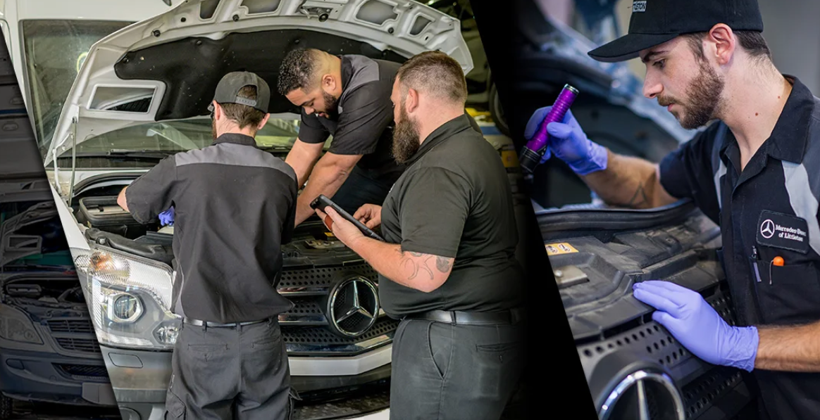 technicians inspect and repair mercedes benz vehicles
